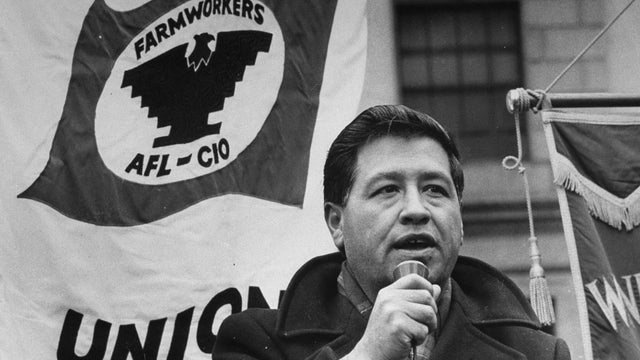 Cesar Chavez speaking to demonstrators in Foley Square befor 