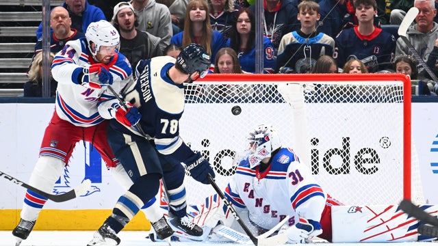 Damon Severson #78 of the Columbus Blue Jackets scores on goaltender Igor Shesterkin #31 of the New York Rangers in the third period of a game at Nationwide Arena on March 19, 2026 in Columbus, Ohio. 