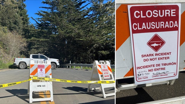 Big River Beach entrance closed, shark attack sign, Mendocino County 