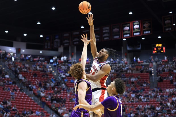 Zuby Ejiofor #24 of the St. John's Red Storm shoots the ball in the first half against theNorthern Iowa Panthers in the first round of the 2026 NCAA Men's Basketball Tournament at Viejas Arena at San Diego State University on March 20, 2026 in San Diego,