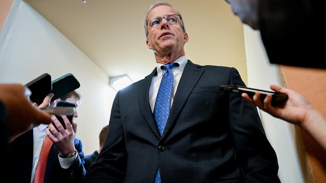 Senate Majority Leader John Thune speaks to reporters at the Capitol on March 19, 2026. 