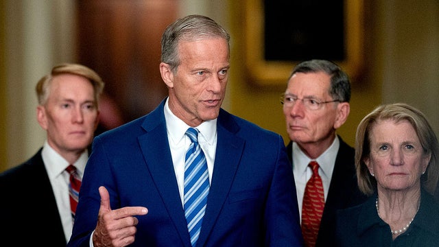 Sens. James Lankford of Oklahoma, John Thune of South Dakota, John Barrasso of Wyoming, and Shelley Moore Capito of West Virginia speak at a news conference at the U.S. Capitol in Washington, D.C., on Tuesday, March 24, 2026. 