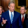Sens. James Lankford of Oklahoma, John Thune of South Dakota, John Barrasso of Wyoming, and Shelley Moore Capito of West Virginia speak at a news conference at the U.S. Capitol in Washington, D.C., on Tuesday, March 24, 2026. 