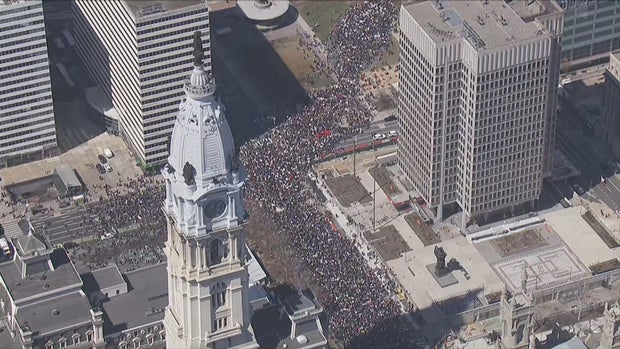 Chopper 3 shot of crowds in the streets near City Hall on Saturday for the No Kings protest 