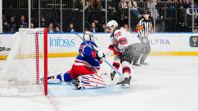 Igor Shesterkin #31 of the New York Rangers makes a save against Nick Bjugstad #72 of the New Jersey Devils at Madison Square Garden on March 31, 2026 in New York City. 