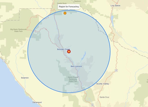 A map of an aftershock forecast after an earthquake in Santa Cruz County 