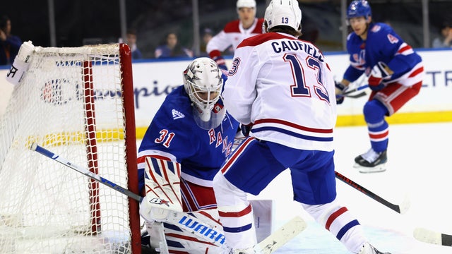 Cole Caufield #13 of the Montr&eacute;al Canadiens misses a first period chance against Igor Shesterkin #31 of the New York Rangers at Madison Square Garden on April 02, 2026 in New York City. 