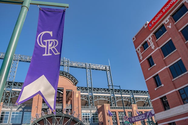 Close up focus on the purple banner outside the famous Coors Field Denver 