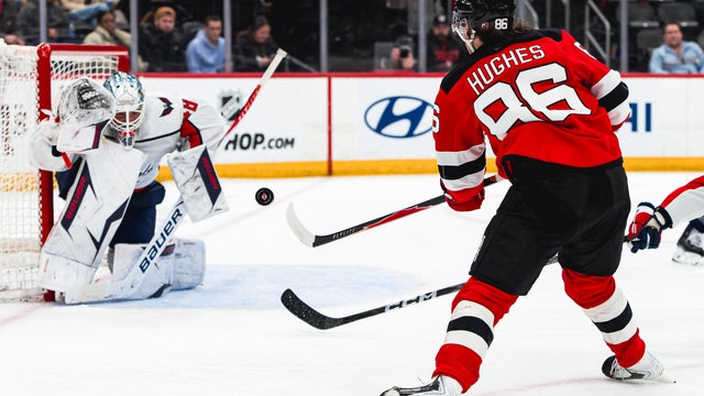 Jack Hughes #86 of the New Jersey Devils takes a shot on goal during the third period of the NHL regular season game against the Washington Capitals at the Prudential Center on April 2, 2026 in Newark, New Jersey. 