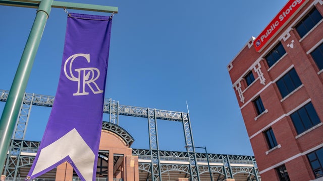 Close up focus on the purple banner outside the famous Coors Field Denver 