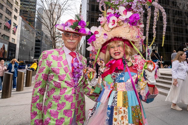 Participants pose during the New York City Easter Bonnet Parade in front of St. Patrick's Cathedral on April 20, 2025 in New York City.