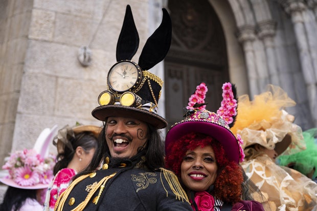 People take part in the annual Easter Parade and Bonnet Festival on Fifth Avenue between 49th and 57th Streets on Easter Sunday, April 20, 2025 in New York City, United States.
