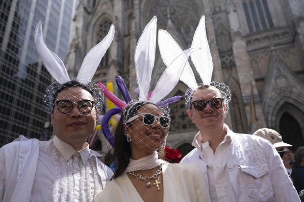 People take part in the annual Easter Parade and Bonnet Festival on Fifth Avenue between 49th and 57th Streets on Easter Sunday, April 20, 2025 in New York City, United States.