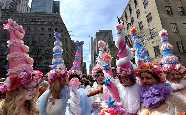 People take part in the annual Easter Parade and Bonnet Festival on Fifth Avenue between 49th and 57th Streets on Easter Sunday, April 20, 2025 in New York City, United States.