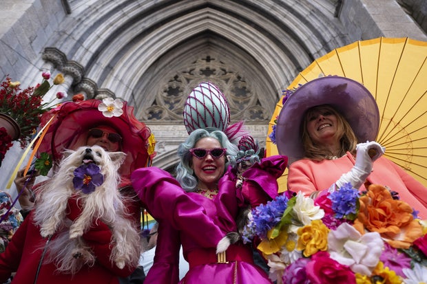 People take part in the annual Easter Parade and Bonnet Festival on Fifth Avenue between 49th and 57th Streets on Easter Sunday, April 20, 2025 in New York City, United States.