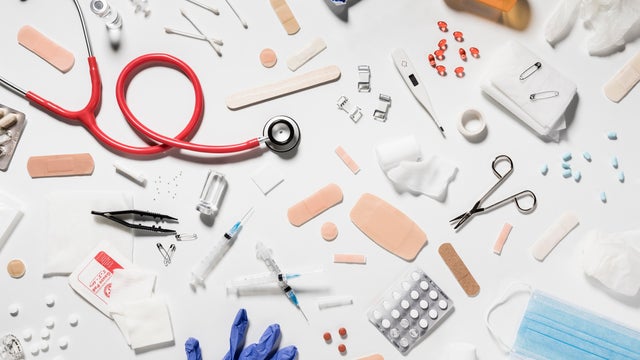 Variety of medical supplies on white background 
