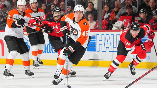 Trevor Zegras #46 of the Philadelphia Flyers skates during the second period of the game against the New Jersey Devils on April 7, 2026 at the Prudential Center in Newark, New Jersey. 