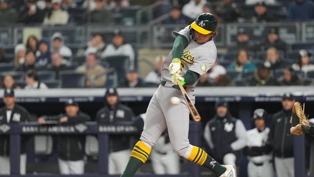 Athletics First Baseman Nick Kurtz (16) hits a single during the third inning of a Major League Baseball game between the Athletics and New York Yankees on April 8, 2026, at Yankee Stadium in The Bronx, NY. 