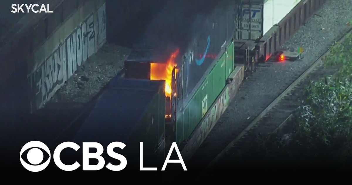 Cargo container catches fire on moving train in downtown Los Angeles ...