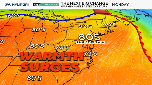 A weather map showing that temperatures in the 80s are in the forecast for Philly area Monday