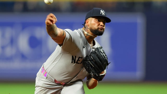 Luis Gil #81 of the New York Yankees throws against the Tampa Bay Rays during the third inning of a baseball game at Tropicana Field on April 10, 2026 in St. Petersburg, Florida. 