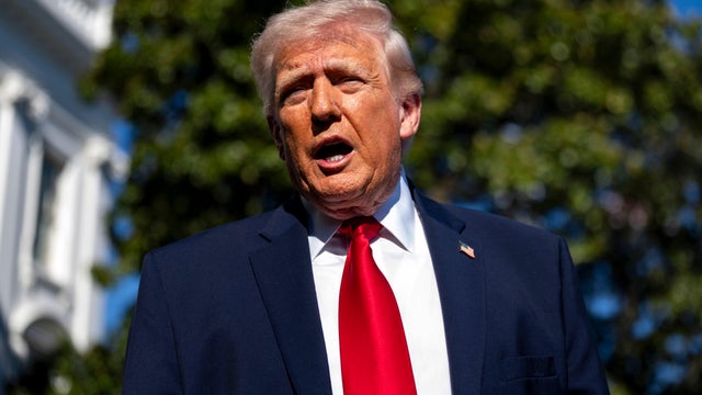 President Trump speaks to members of the media on the South Lawn of the White House before boarding Marine One in Washington, D.C., on April 11, 2026. 