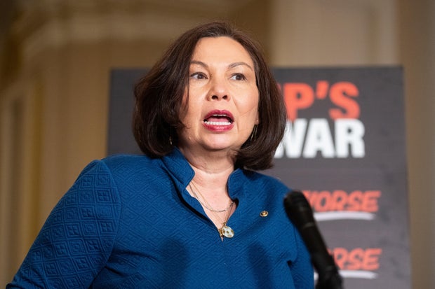 Sen. Tammy Duckworth speaks at a news conference in the U.S. Capitol on April 14, 2026.
