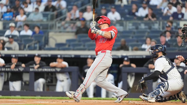 Los Angeles Angels Center Fielder Mike Trout (27) hits a home run during the first inning of a Major League Baseball game between the Los Angeles Angels and the New York Yankees on April 14, 2026, at Yankee Stadium in The Bronx, NY. 