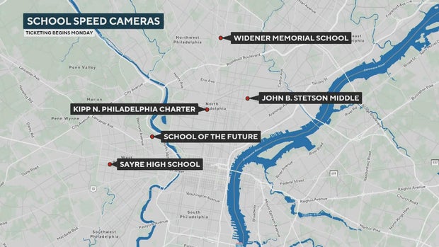 A map showing the locations of the four schools that now have speeding cameras -- Widener Memorial School, KIPP North Philadelphia Charter, School of the Future and Sayre High School