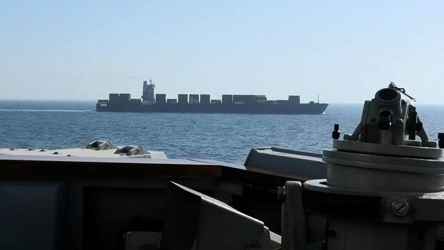 Iranian-flagged cargo ship M/V Touska as USS Spruance conducts its interception in a location given as the north Arabian Sea 