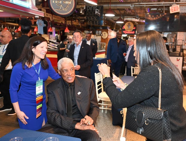 People post for photos at the WTC Greater Philadelphia Global Forum 