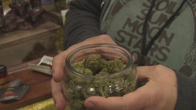 A person holding a jar containing marijuana 