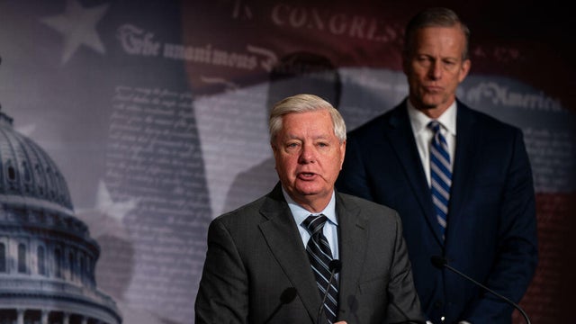Sens. Lindsey Graham of South Carolina and John Thune of South Dakota speak during a news conference on border security in Washington, D.C., on Jan. 17, 2024. 