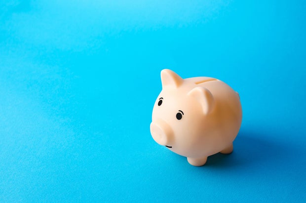 Piggy bank on a blue background. Economy. Pension fund. Deposit banking. Earn more money and save assets from inflation risks. Financial literacy, smart money management. Savings program 