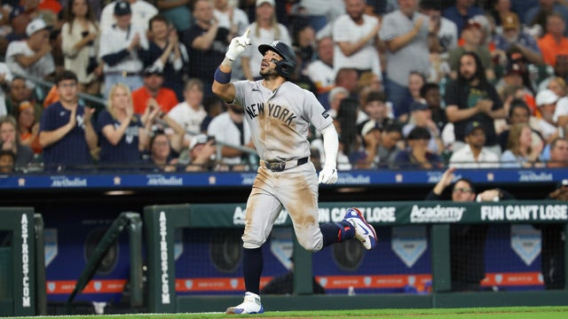 Jos&eacute; Caballero #72 of the New York Yankees reacts after hitting a solo homerun against the Houston Astros during the fifth inning at Daikin Park on April 25, 2026 in Houston, Texas. 