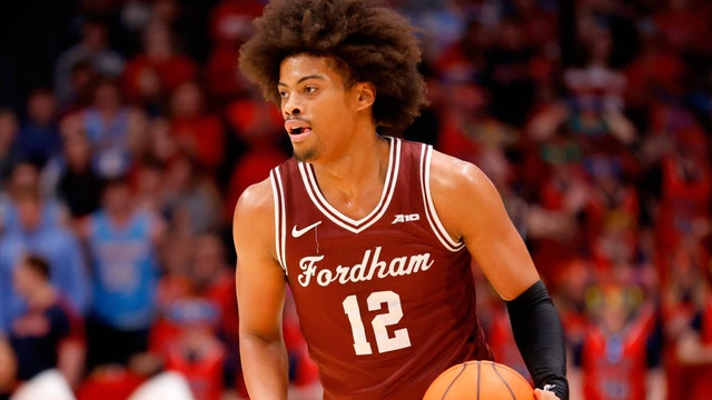 Fordham forward Elijah Gray drives against Dayton during an NCAA college basketball game in Dayton, Ohio, Saturday, Feb. 17, 2024. 