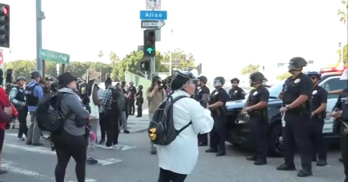 May Day ralliers protest outside ICE detention facility in downtown Los Angeles