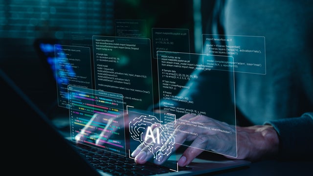 AI coding assistant for software development concept. Machine Learning Code, Programmer use laptop with code and AI brain represent artificial intelligence, AI programming, software development tools, 