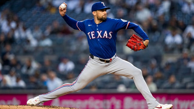 Nathan Eovaldi #17 of the Texas Rangers pitches during the game between the Texas Rangers and the New York Yankees at Yankee Stadium on Wednesday, May 6, 2026 in New York, New York. 
