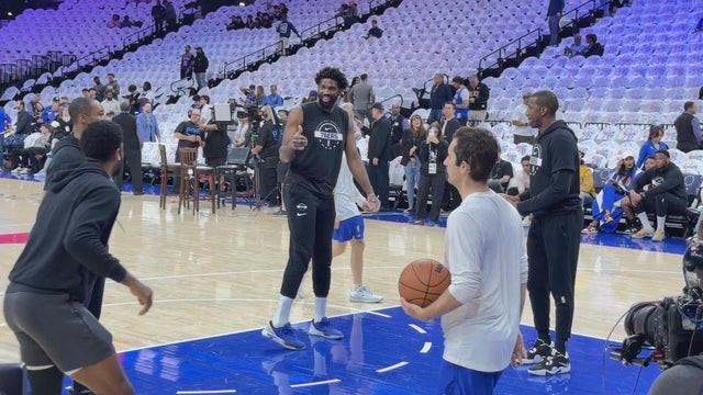 Joel Embiid warms up before Game 3 at Xfinity Mobile Arena in Philadelphia 