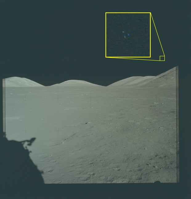 NASA photograph from the Apollo 17 mission showing dots in the sky 