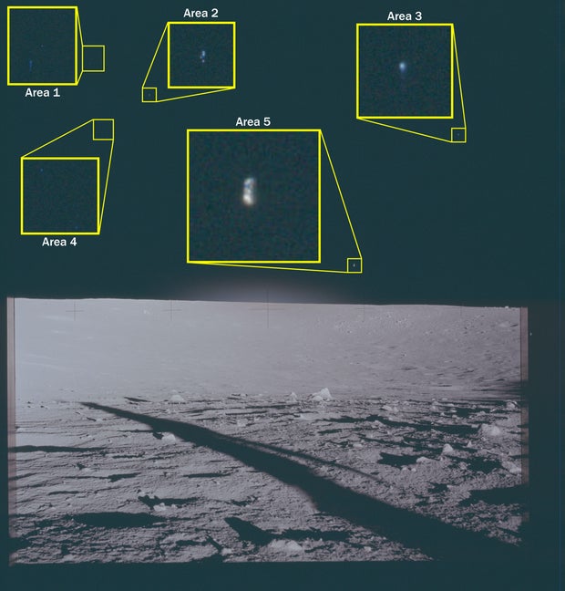 An archival photo taken on the Moon by Apollo 12 astronauts in 1969, overlaid with boxes showing "areas of interest." 
