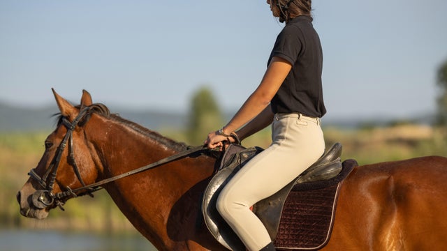 Young woman enjoying horseback riding in beautiful nature 