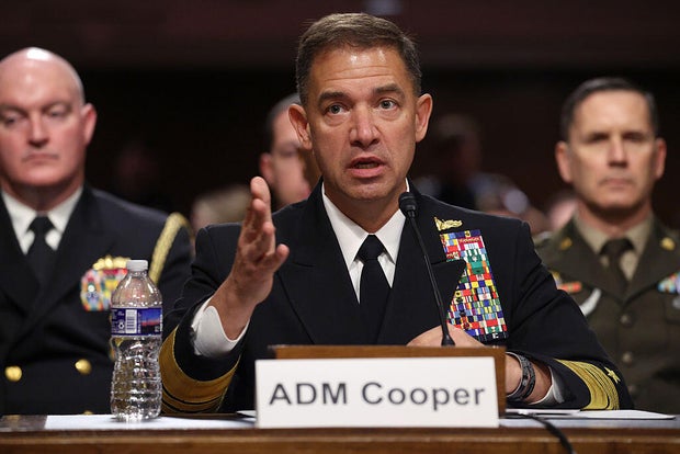 Navy Adm. Brad Cooper, commander of U.S. Central Command, testifies at a Senate Armed Services Committee hearing on Capitol Hill in Washington, D.C., on May 14, 2026. 