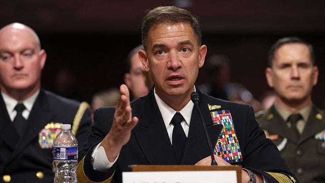 Navy Adm. Brad Cooper, commander of U.S. Central Command, testifies at a Senate Armed Services Committee hearing on Capitol Hill in Washington, D.C., on May 14, 2026. 