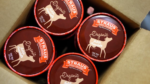 Pints of organic non-GMO dutch chocolate ice cream being produced at the processing plant of the organic dairy Straus Family Creamery in Marshall, California, on Thurs. March 24, 2016. 