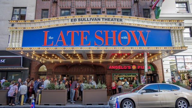 Marquee at the main entrance to the Ed Sullivan Theater, home of The Late Show with Stephen Colbert. 