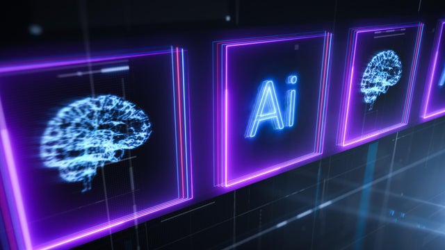 Neon AI And Brain Scan Panels On Futuristic Digital Interface 