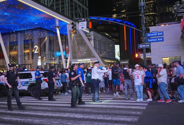 The New York Knicks fans attend a watch party for Game 1 of the Eastern Conference Finals against the Cleveland Cavaliers on May 19, 2026, New York, U.S.