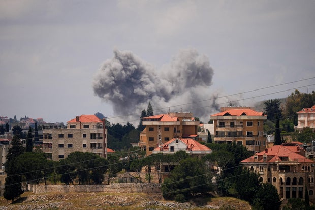 Plumes of smoke billow from southern Lebanon following Israeli strikes, as seen from Nabatieh